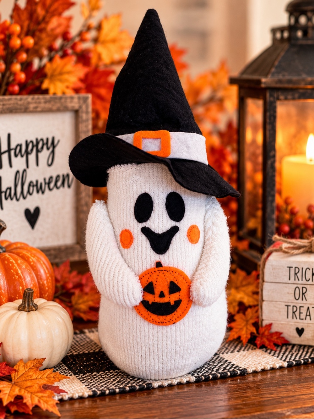 Halloween Ghost Witch Plush Pumpkin Shelf Sitter Door Spooky Cute Fall Decor 12”